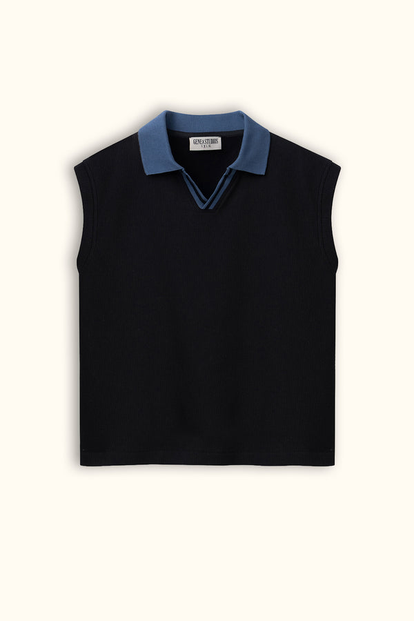 Black Boxy Sleeveless Ribbed Polo Top