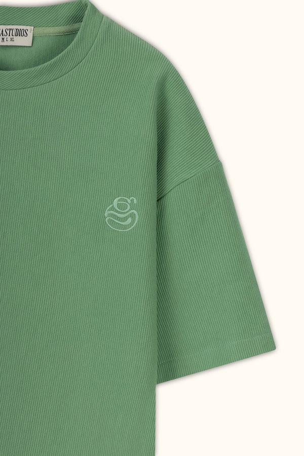 Green Boxy Ribbed Basic T-Shirt