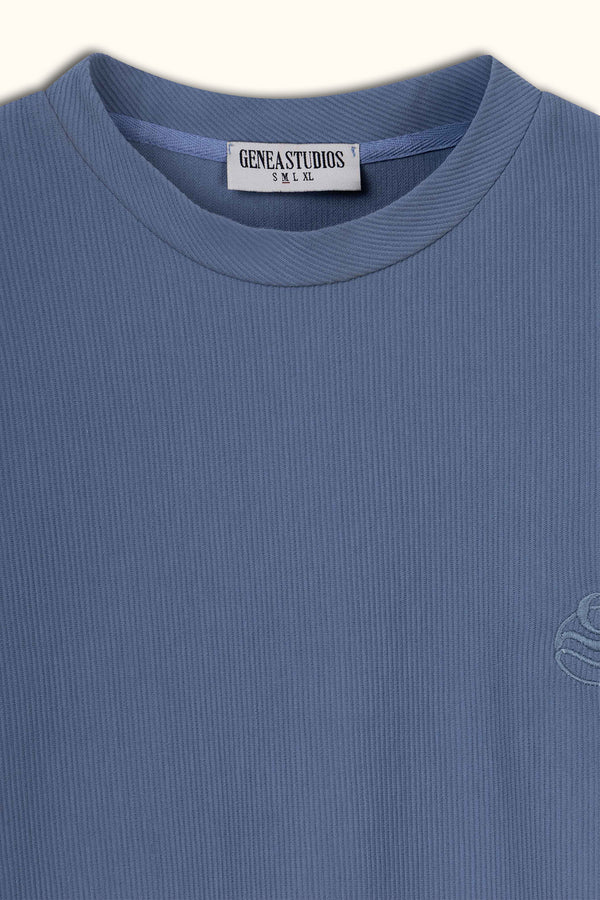 Blue Boxy Ribbed Basic T-Shirt