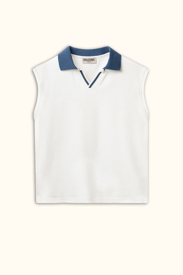 White Boxy Sleeveless Ribbed Polo Top