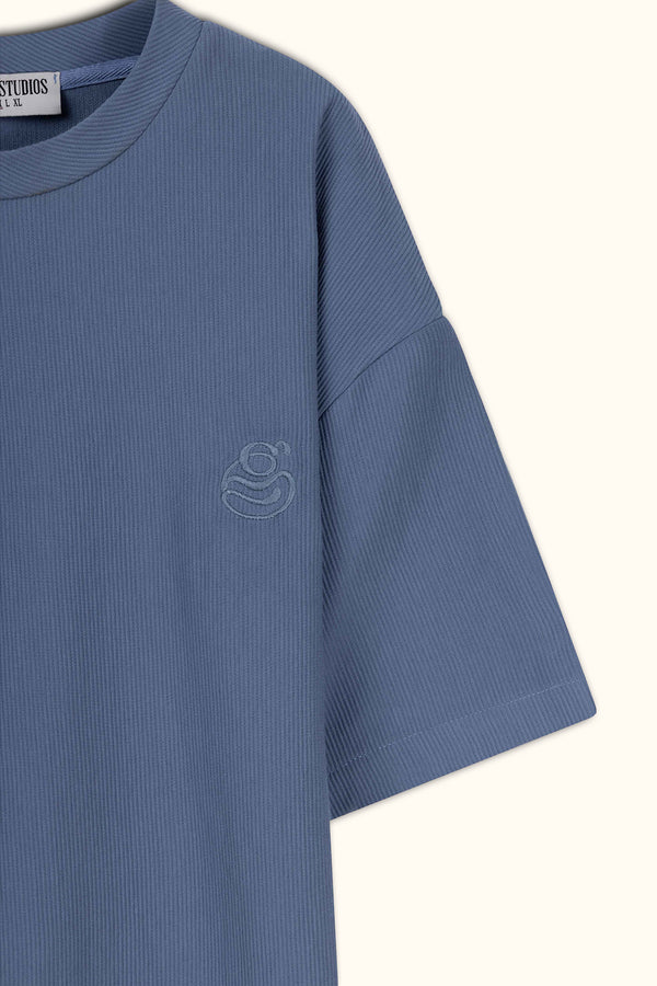Blue Boxy Ribbed Basic T-Shirt