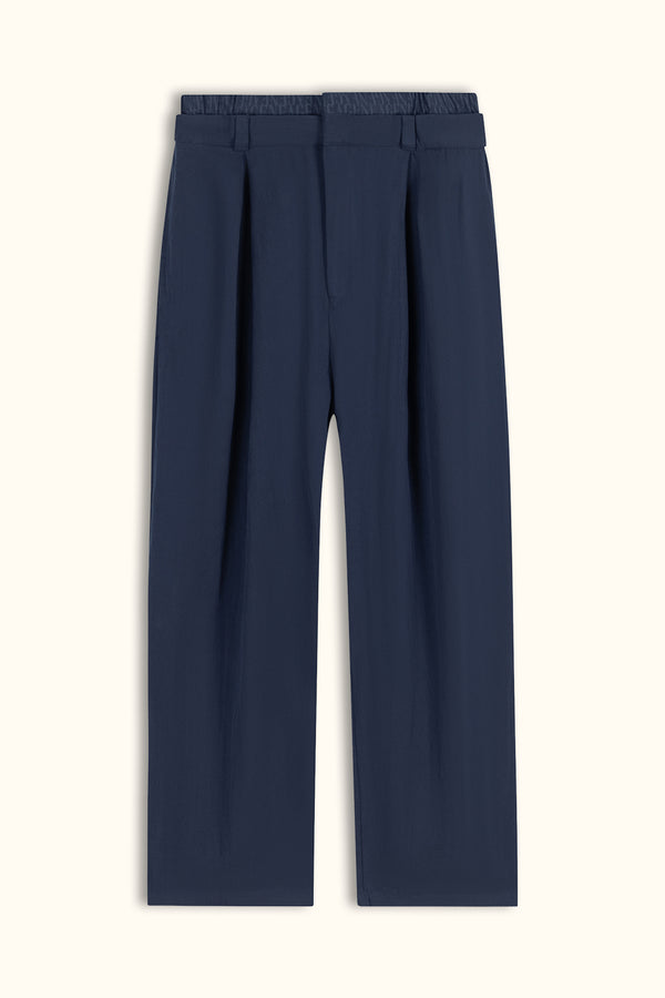Navy Blue Double-Waist Wide-Leg Pants