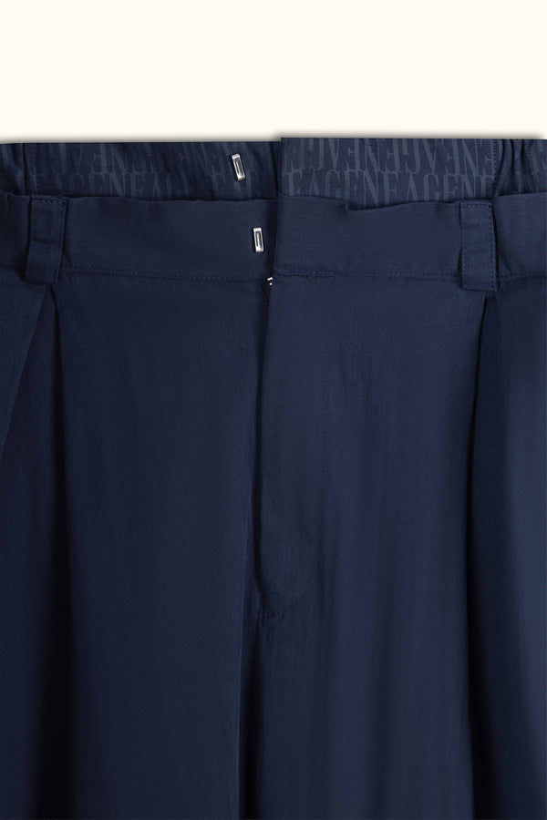 Navy Blue Double-Waist Wide-Leg Pants
