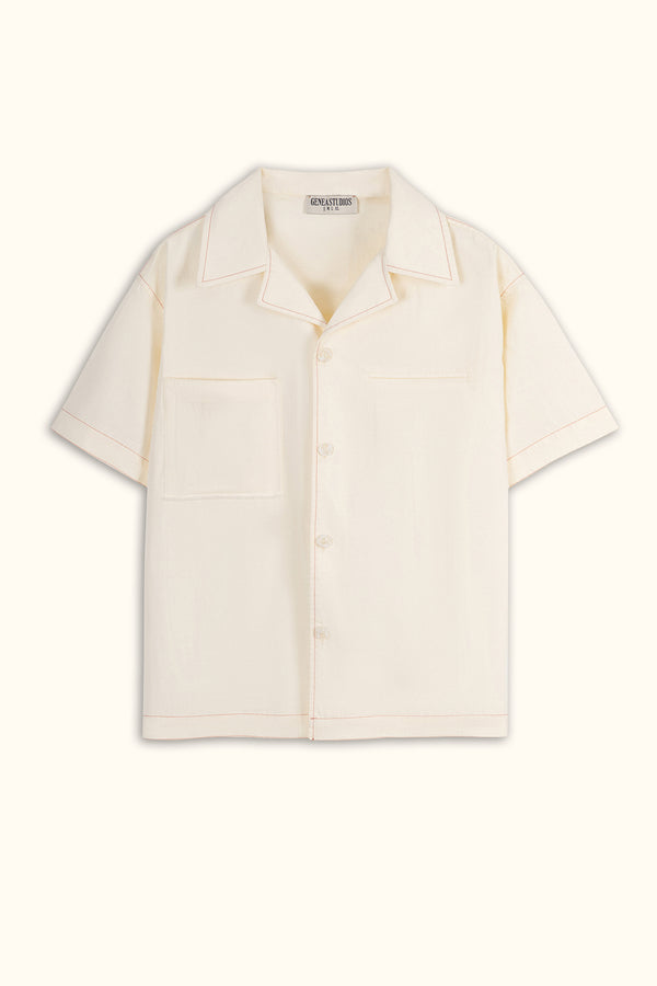 Off-White Short-Sleeve Contrast-Stitch Boxy Shirt