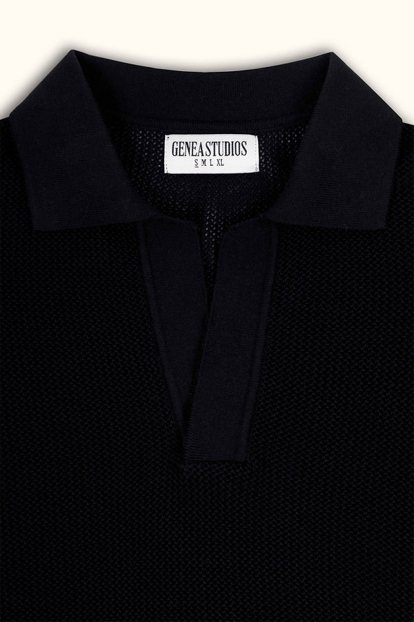 Black Cotton Knitted Polo T-Shirt