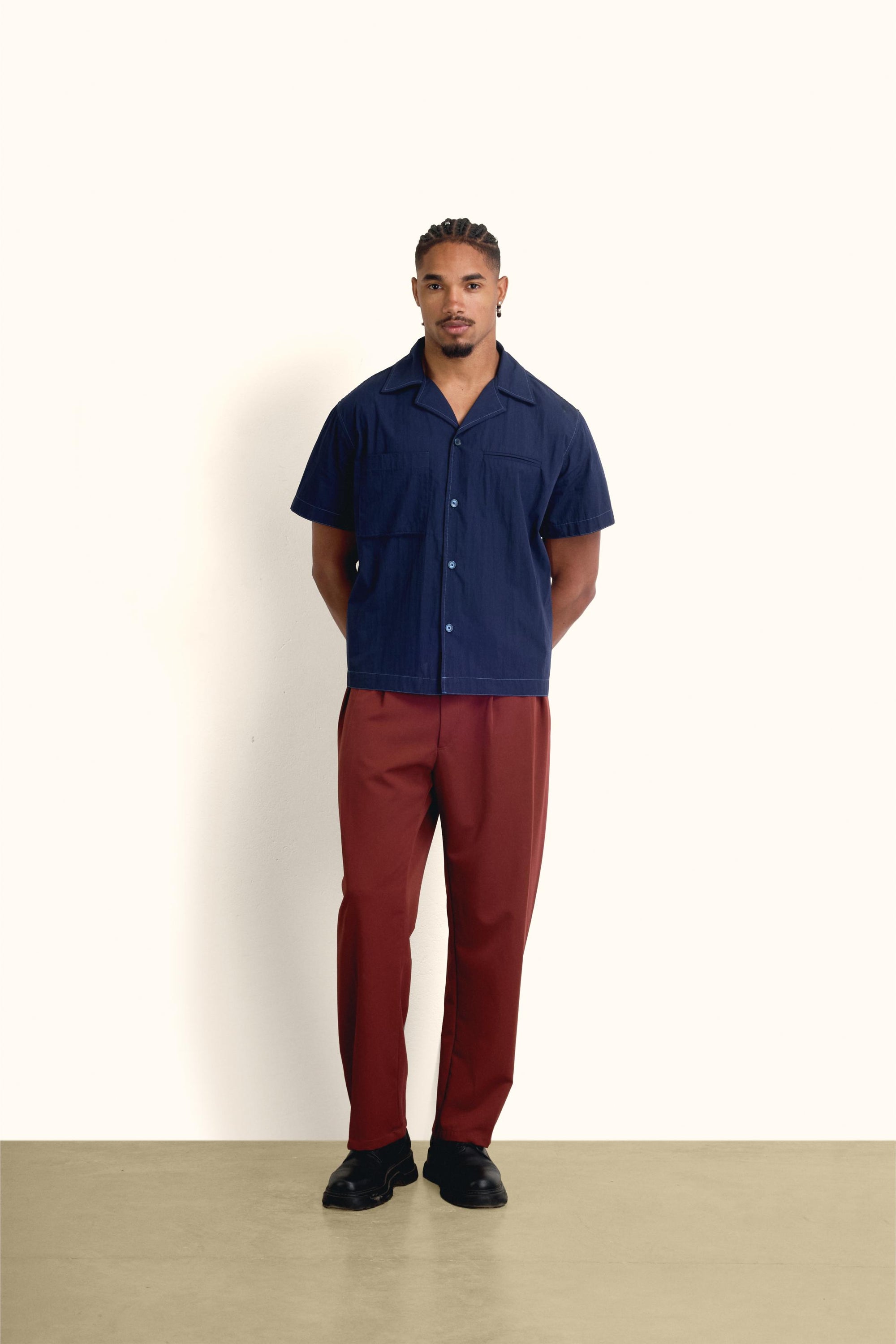Navy Blue Short-Sleeve Contrast-Stitch Boxy Shirt