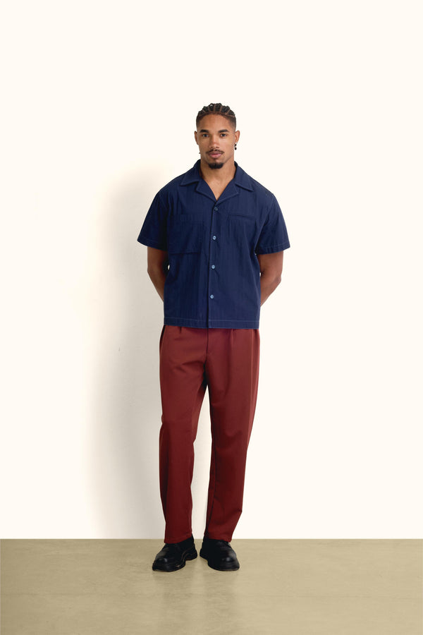 Navy Blue Short-Sleeve Contrast-Stitch Boxy Shirt