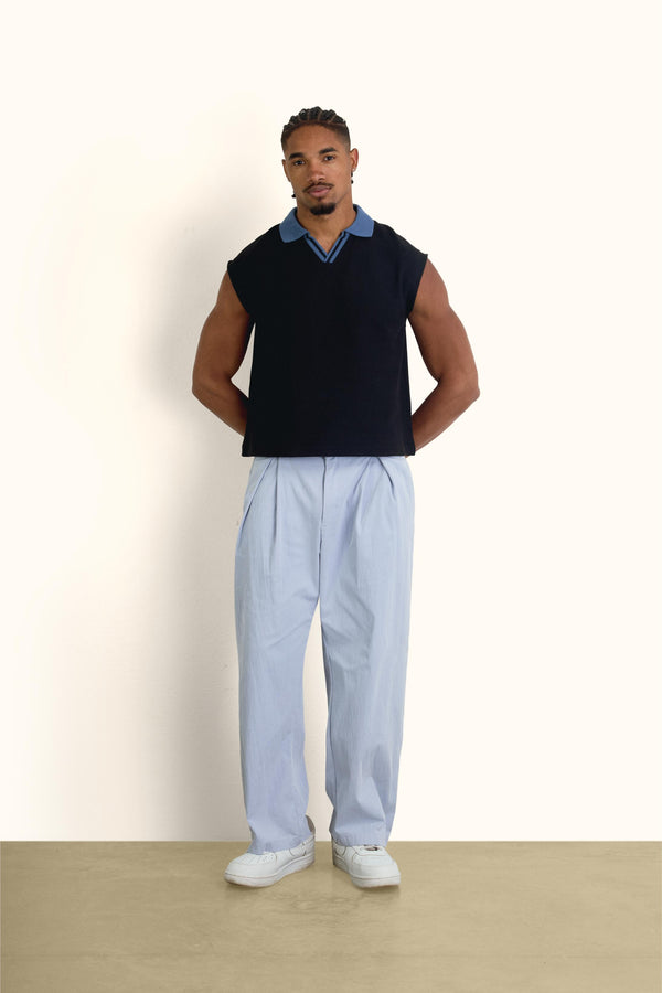 Black Boxy Sleeveless Ribbed Polo Top