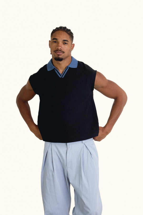 Black Boxy Sleeveless Ribbed Polo Top