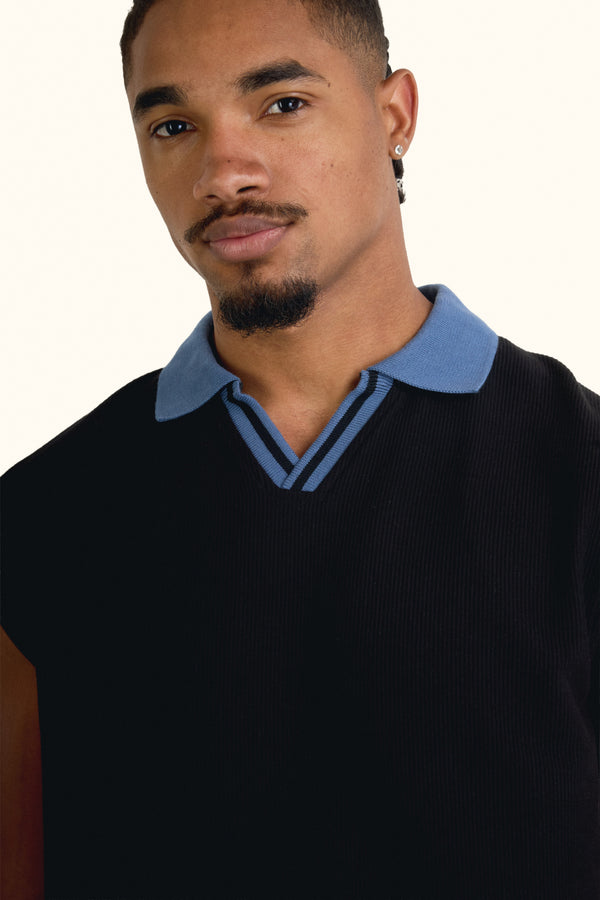 Black Boxy Sleeveless Ribbed Polo Top