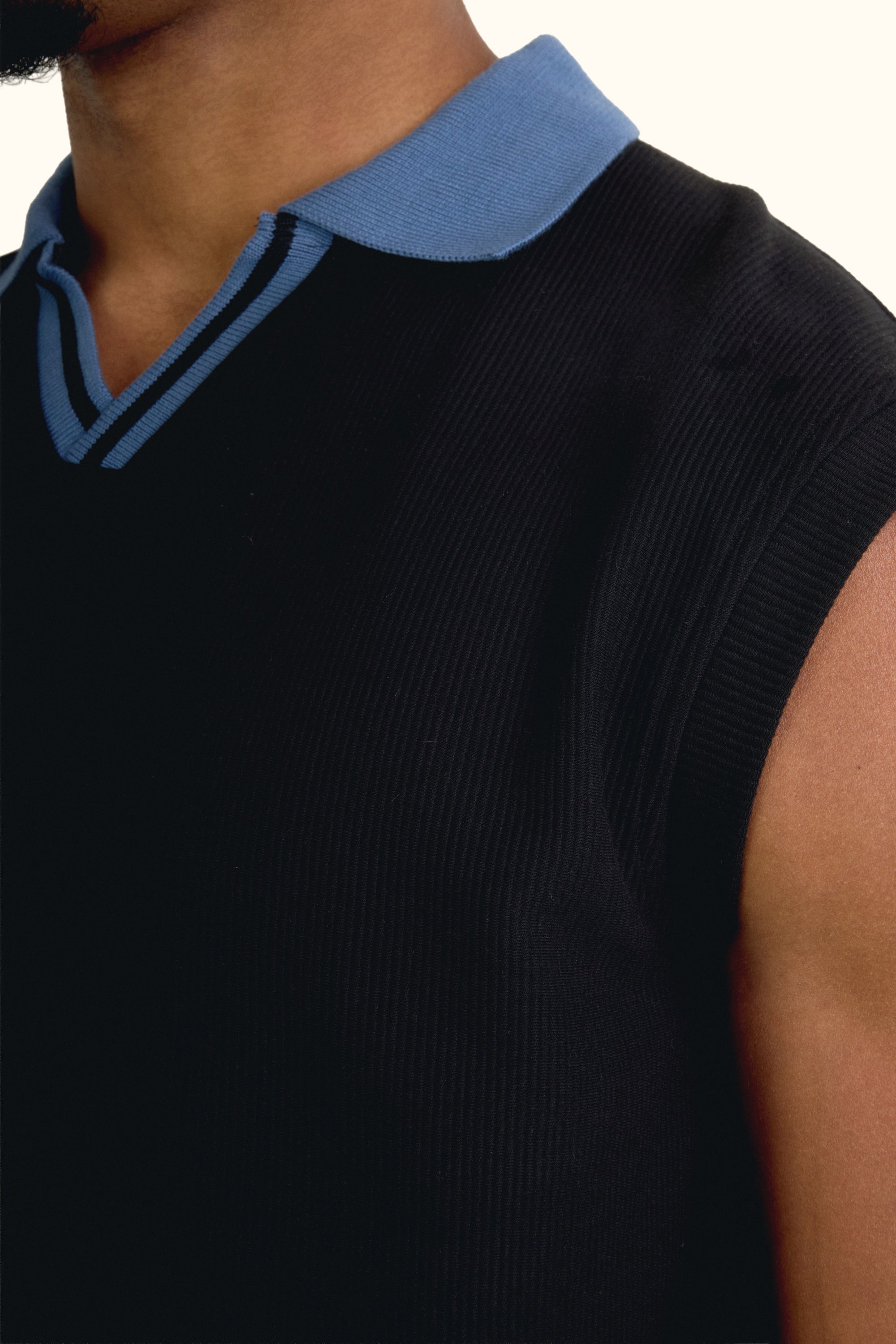Black Boxy Sleeveless Ribbed Polo Top