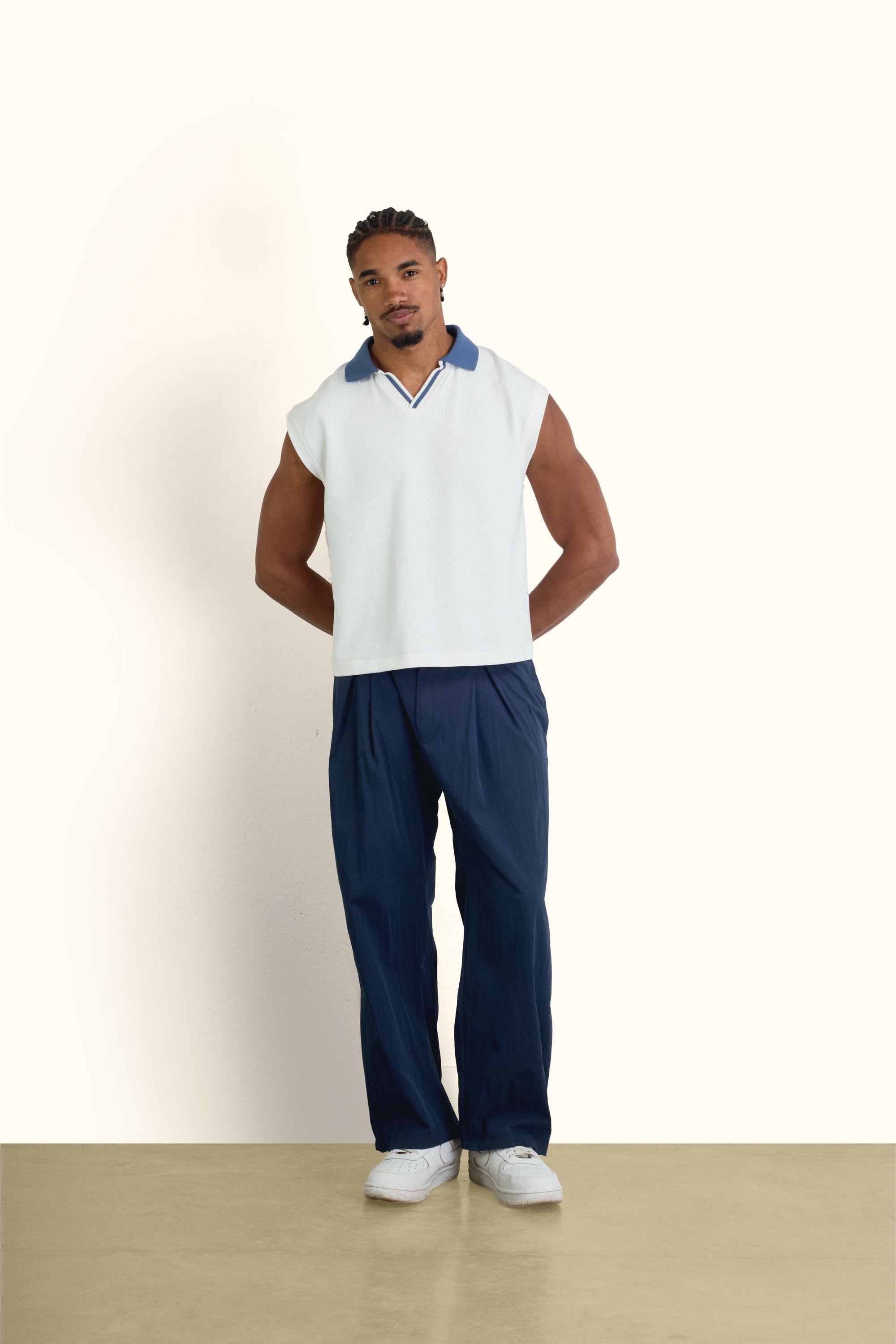 White Boxy Sleeveless Ribbed Polo Top