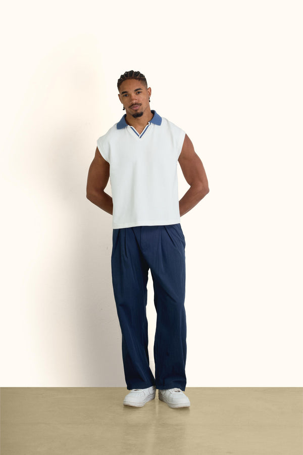 White Boxy Sleeveless Ribbed Polo Top