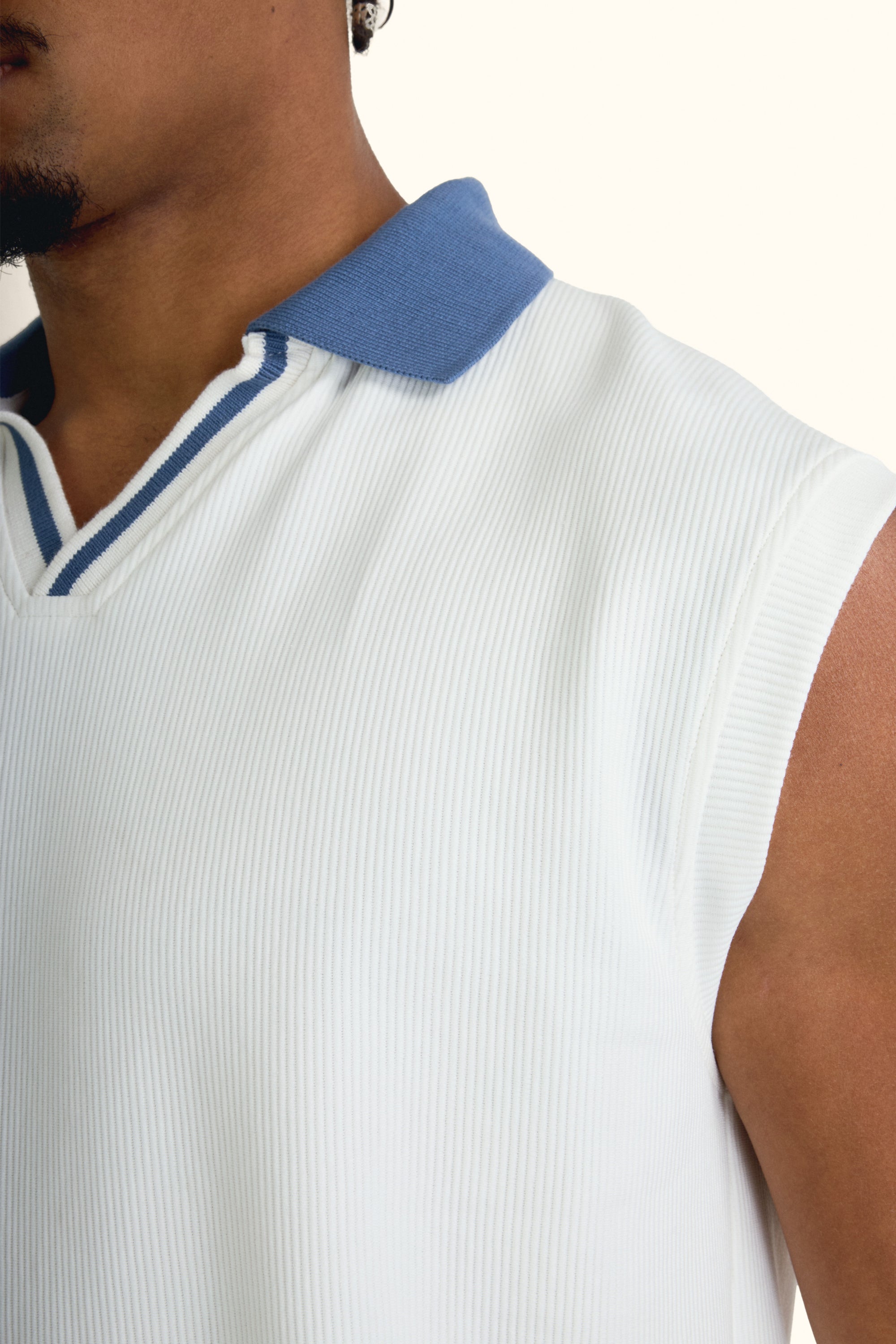 White Boxy Sleeveless Ribbed Polo Top
