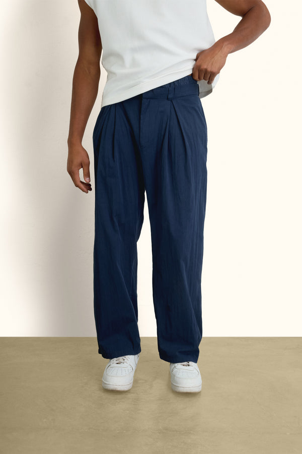 Navy Blue Double-Waist Wide-Leg Pants