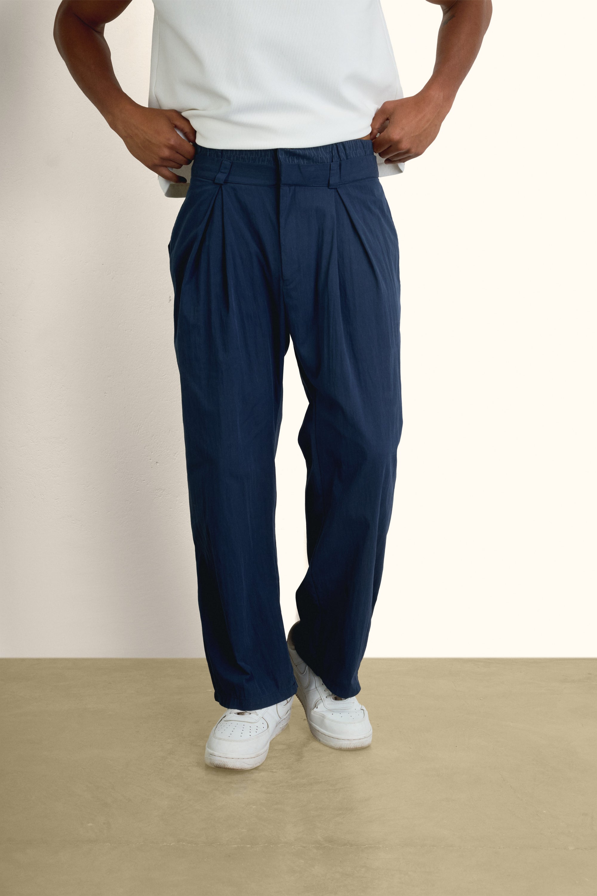Navy Blue Double-Waist Wide-Leg Pants