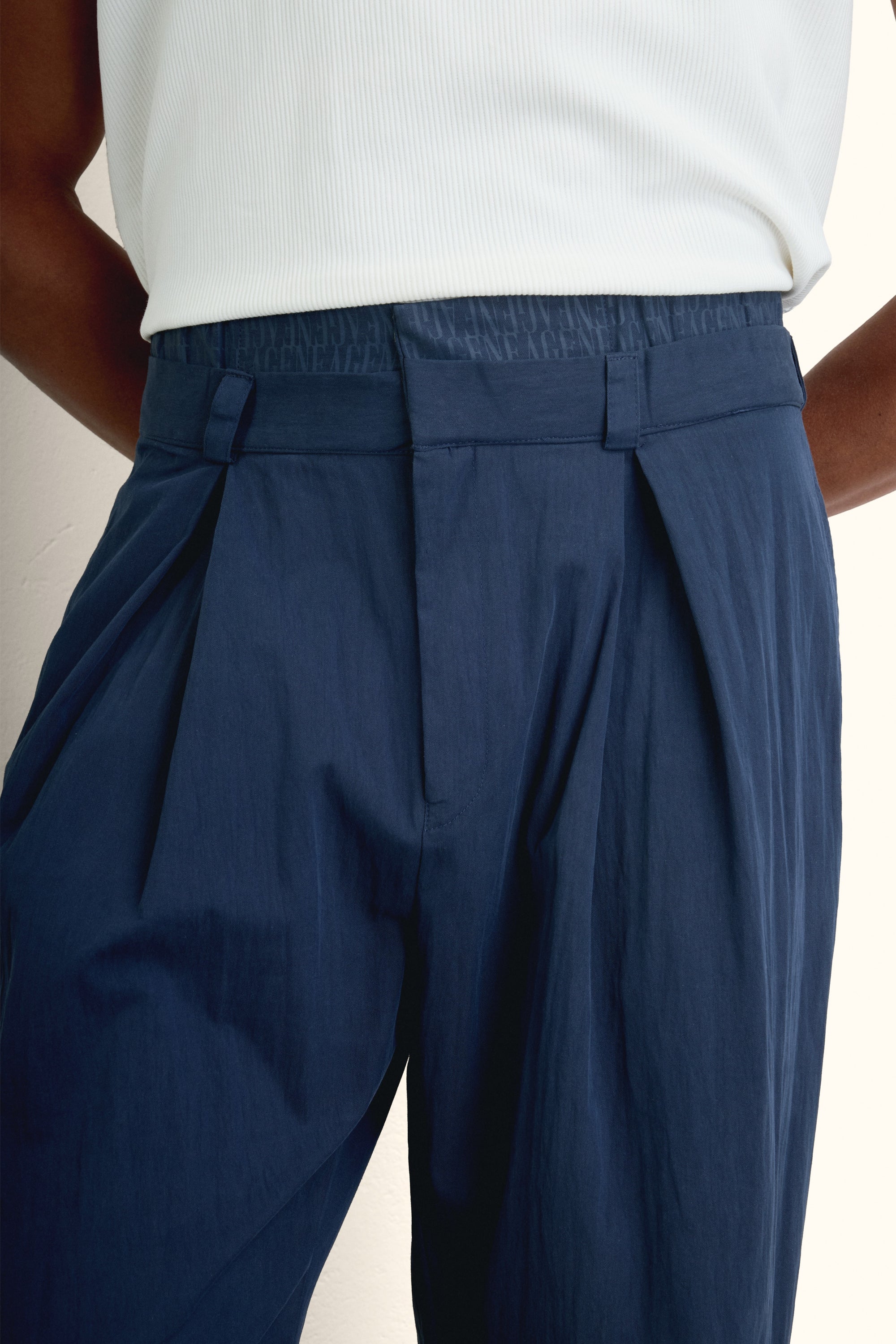 Navy Blue Double-Waist Wide-Leg Pants