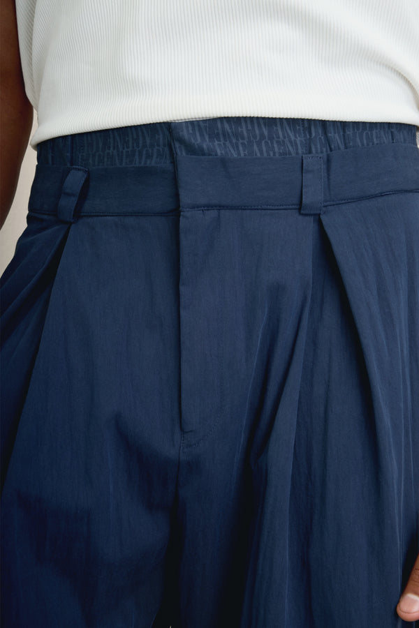Navy Blue Double-Waist Wide-Leg Pants