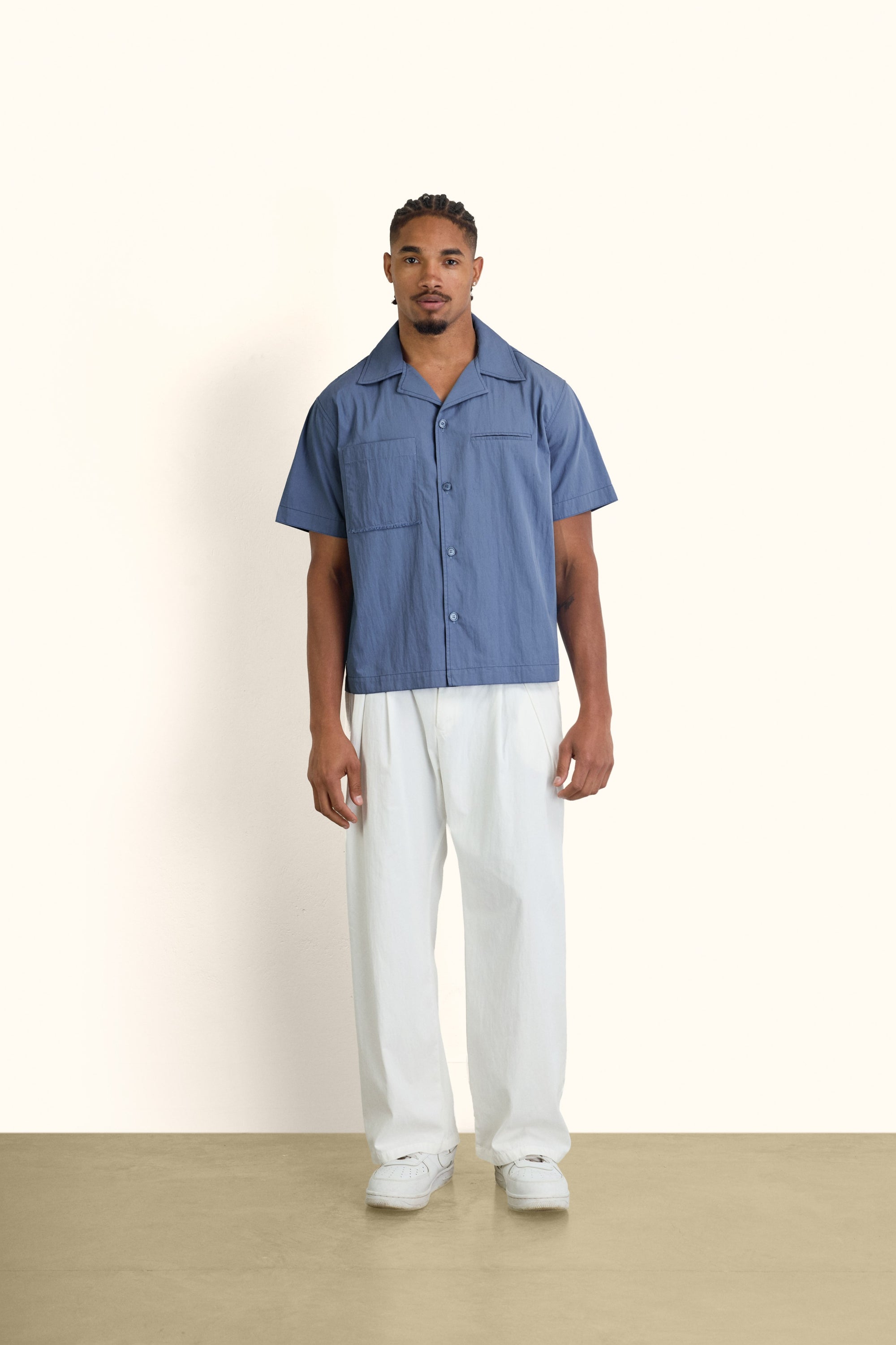 Slate Blue Short-Sleeve Contrast-Stitch Boxy Shirt