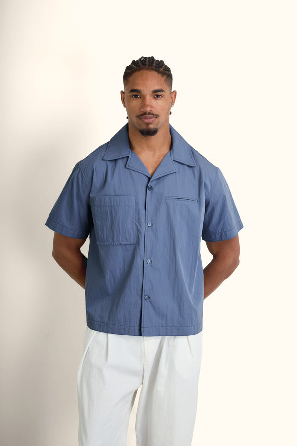 Slate Blue Short-Sleeve Contrast-Stitch Boxy Shirt