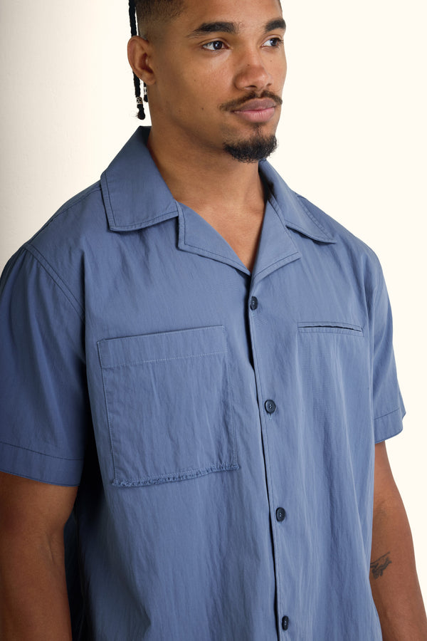 Slate Blue Short-Sleeve Contrast-Stitch Boxy Shirt