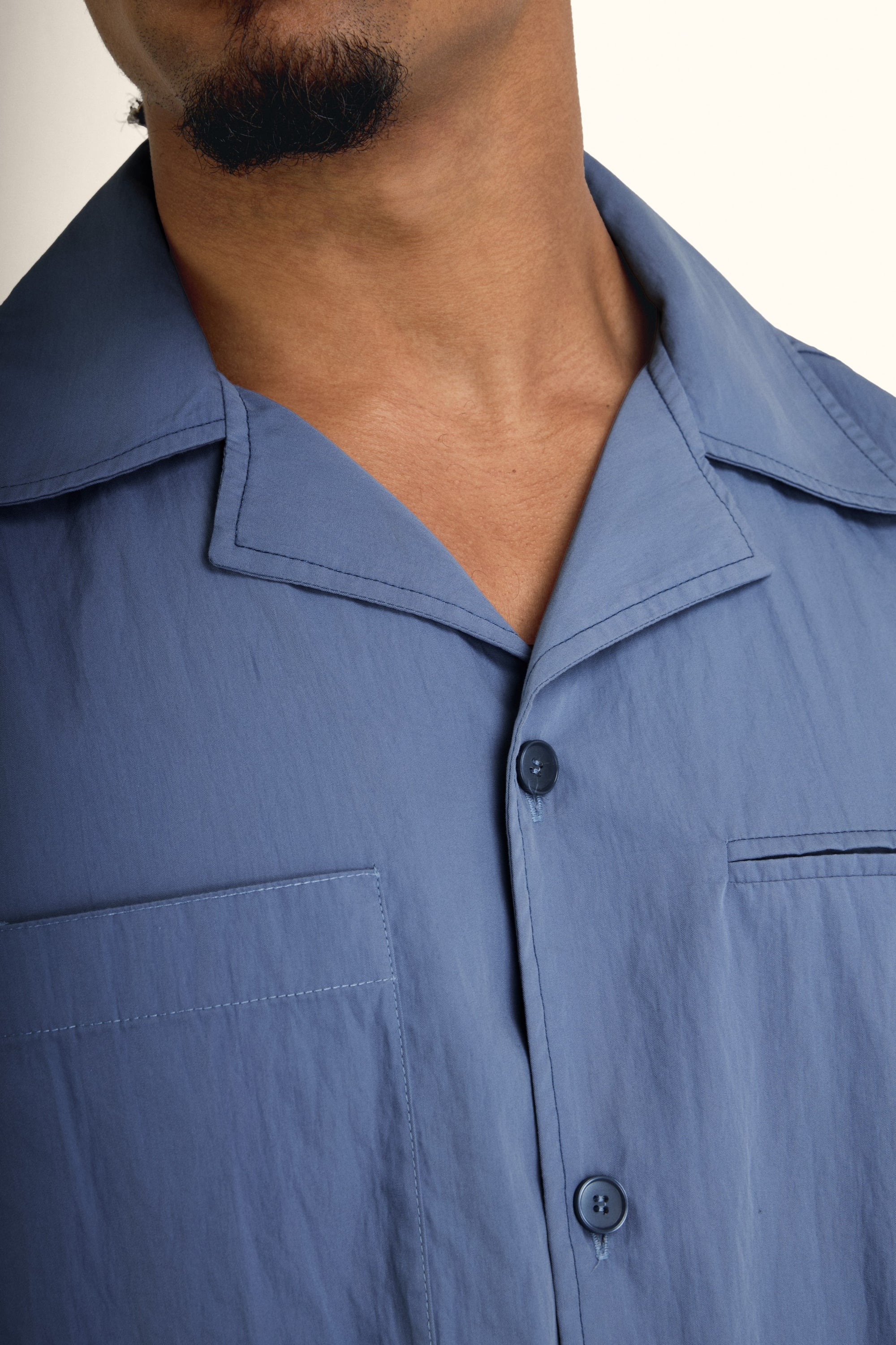 Slate Blue Short-Sleeve Contrast-Stitch Boxy Shirt