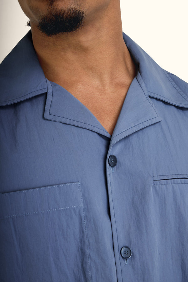 Slate Blue Short-Sleeve Contrast-Stitch Boxy Shirt