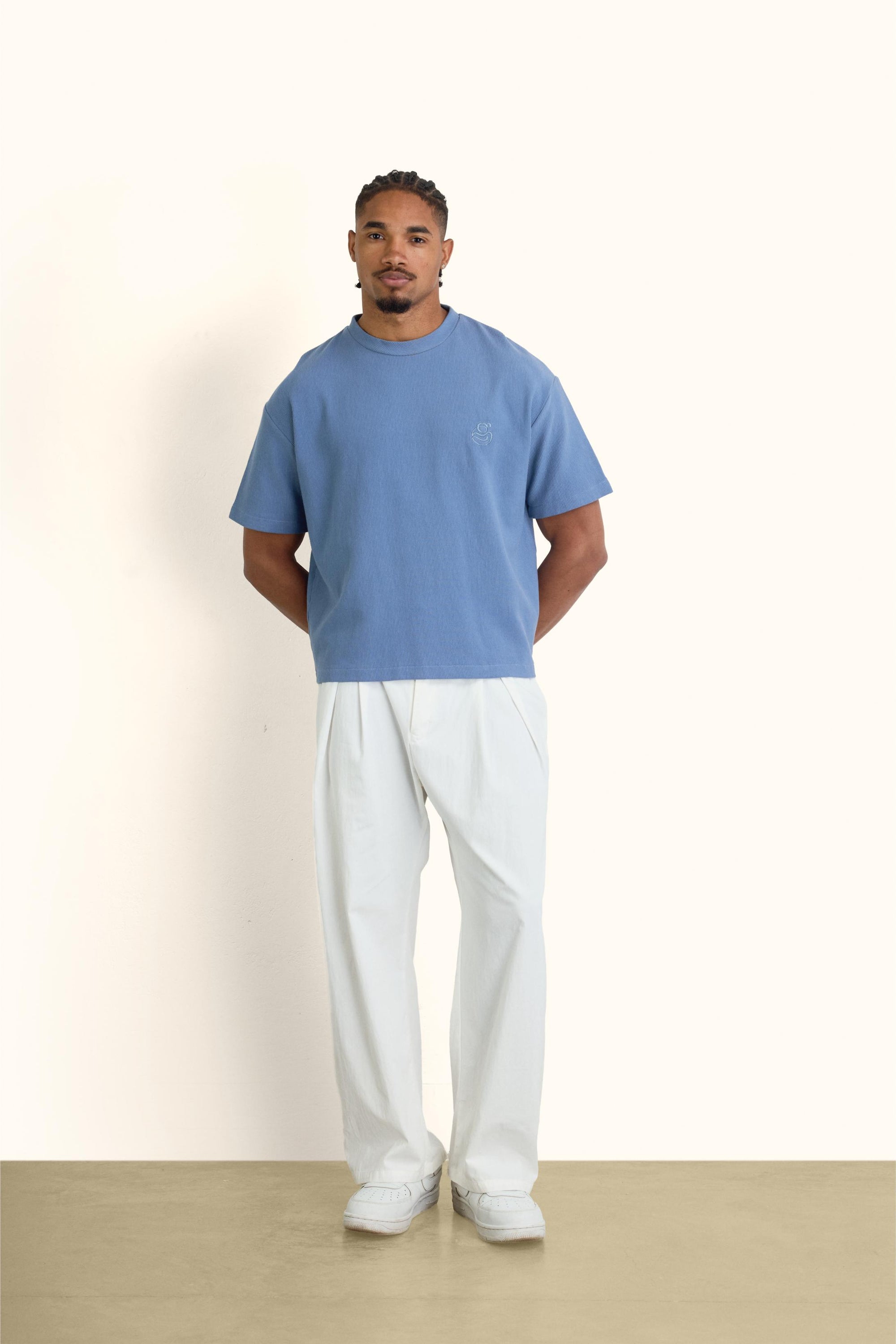 Blue Boxy Ribbed Basic T-Shirt