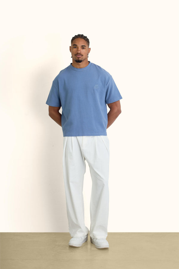 Blue Boxy Ribbed Basic T-Shirt