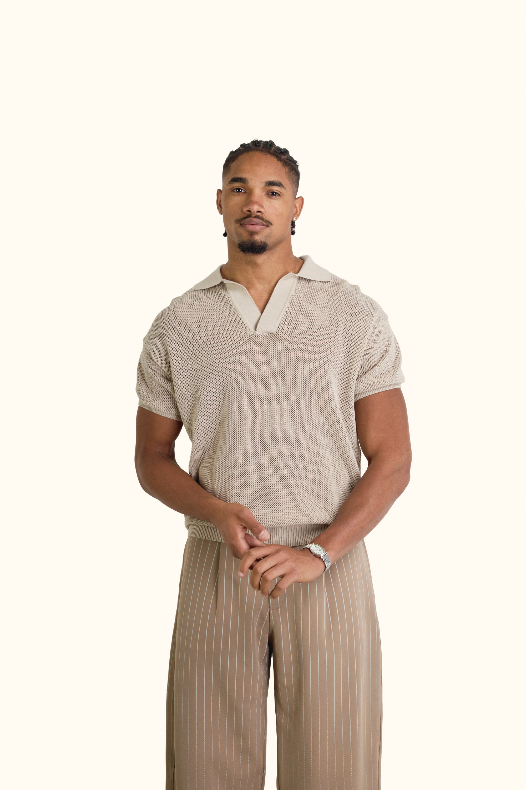 Beige Cotton Knitted Polo T-Shirt