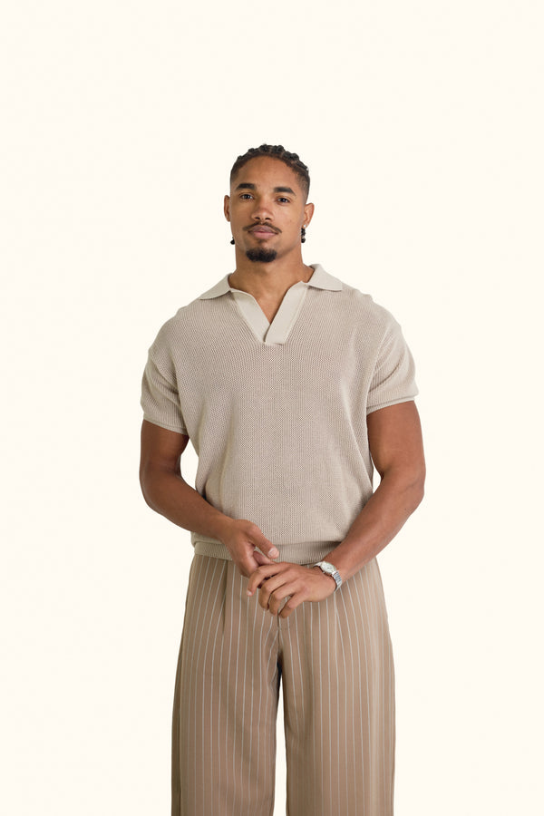 Beige Cotton Knitted Polo T-Shirt