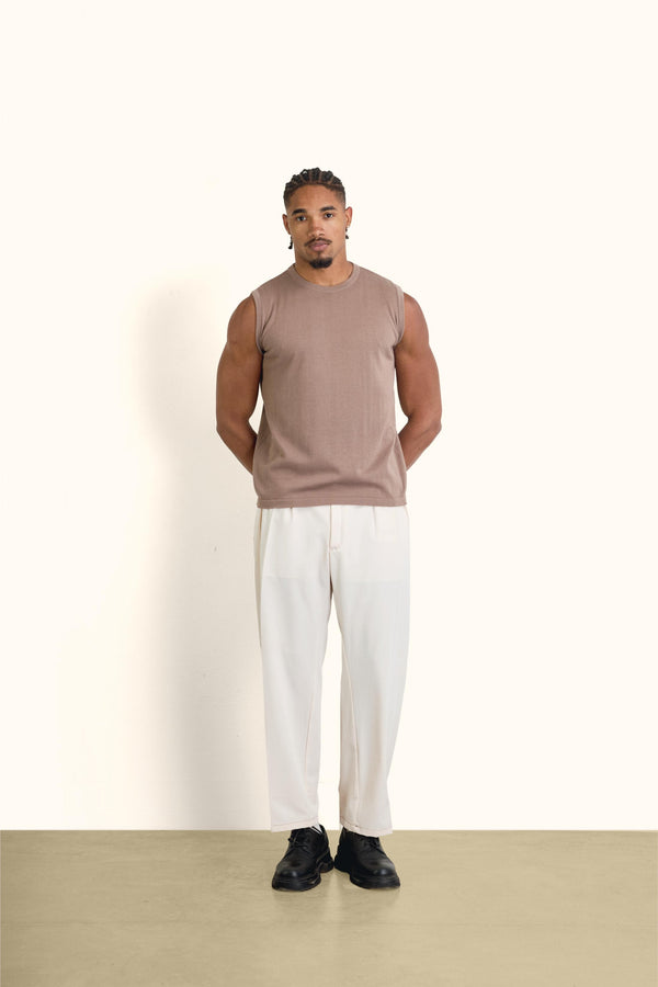 Beige Sleeveless Cotton Knit Top
