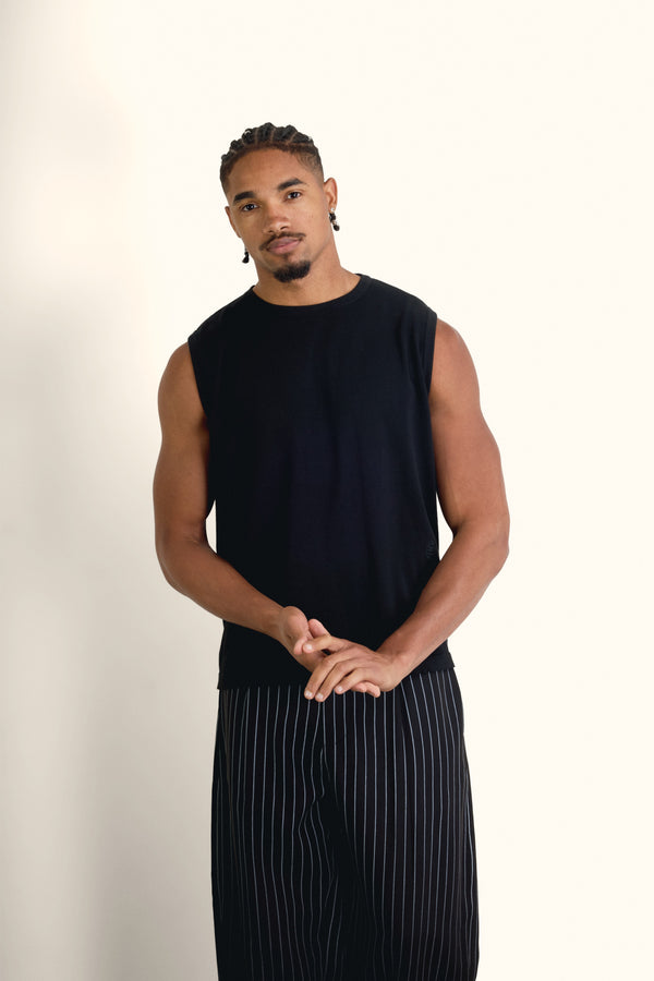 Black Sleeveless Cotton Knit Top