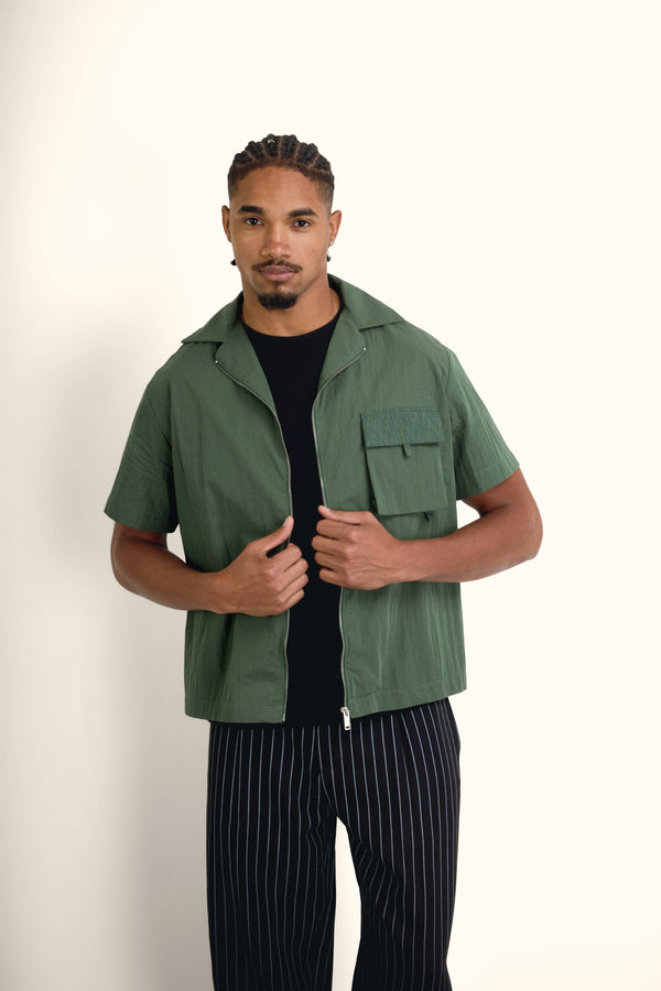 Olive Green Short-Sleeve Zip Overshirt