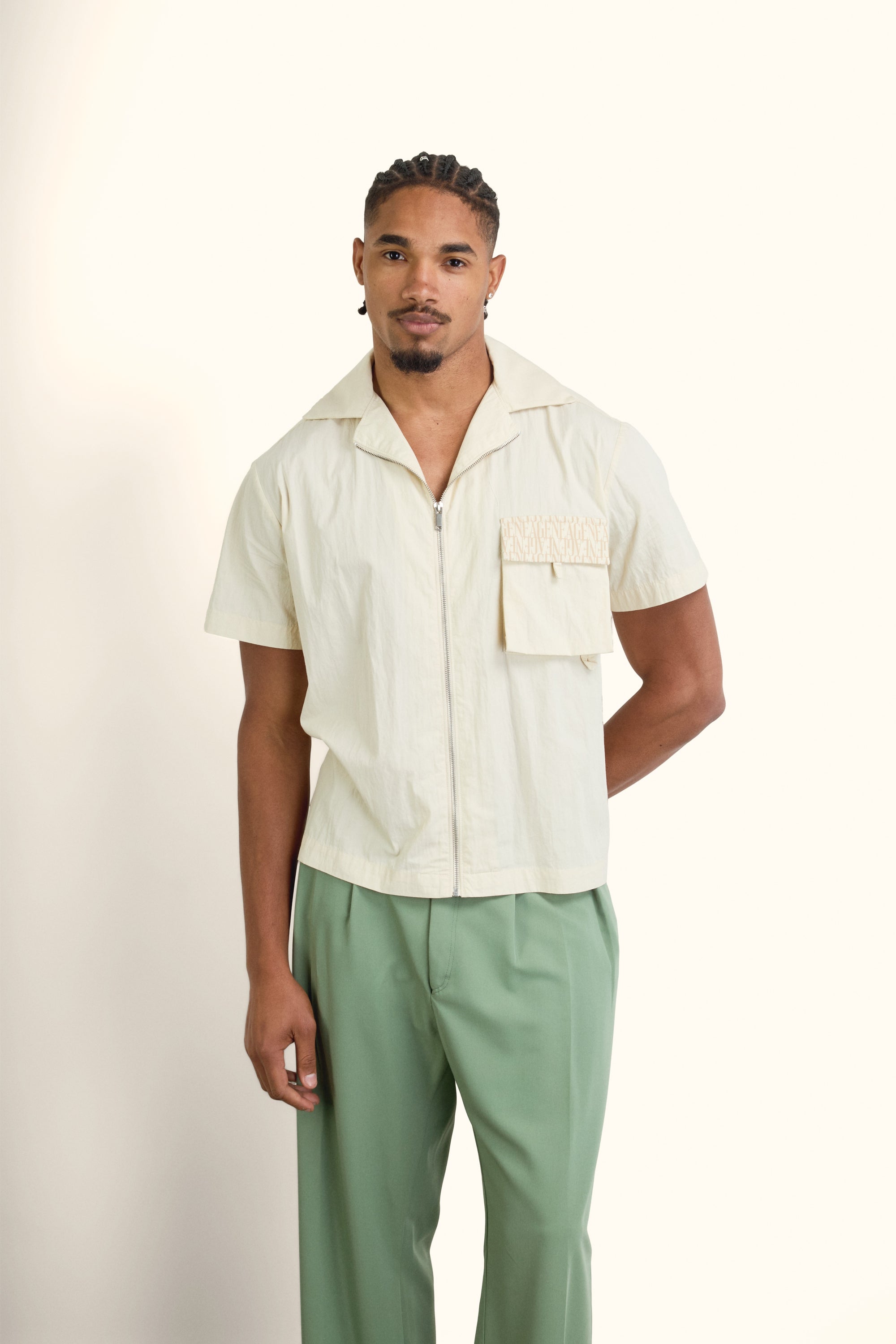 Cream Short-Sleeve Zip Overshirt