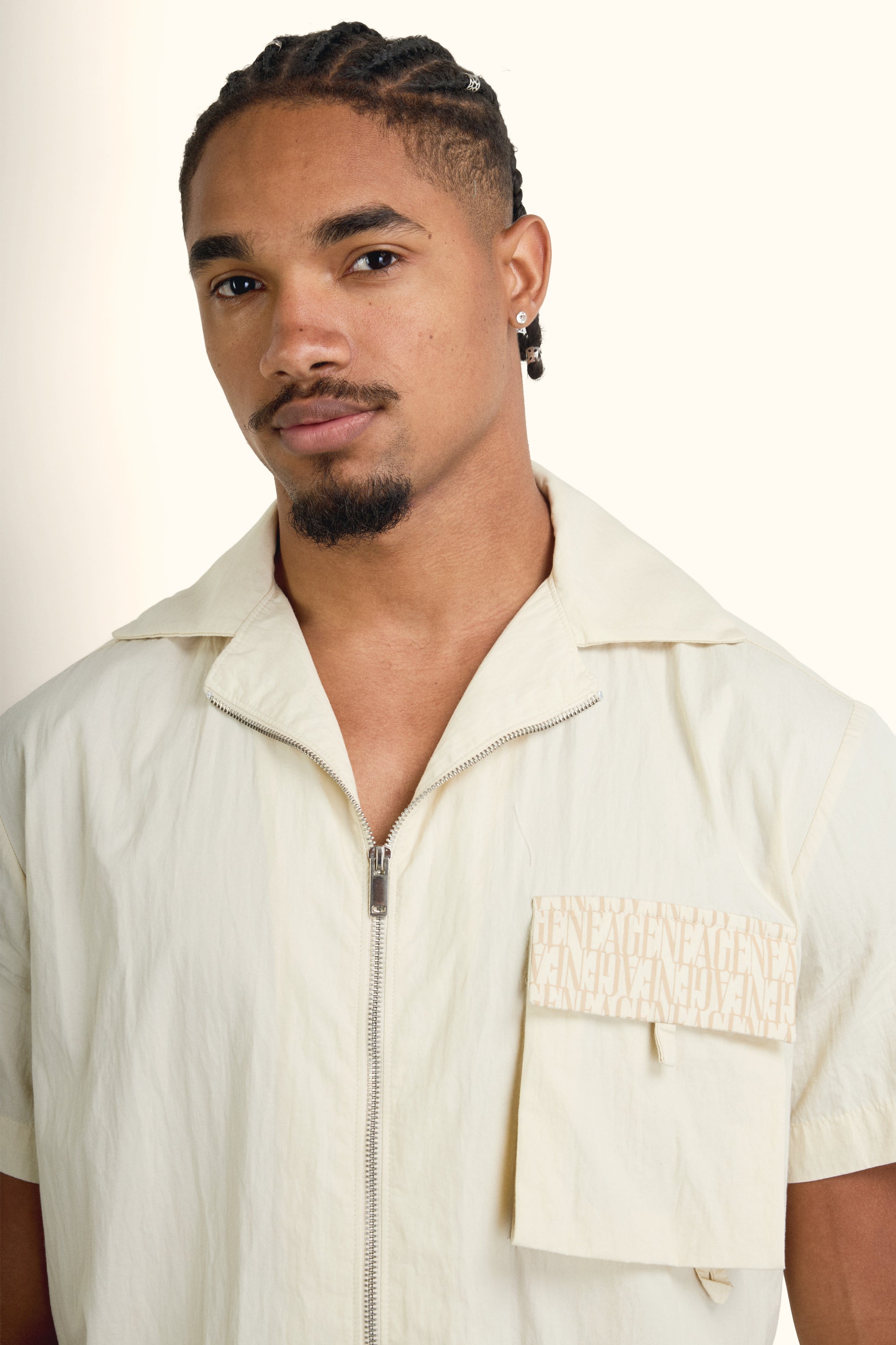 Cream Short-Sleeve Zip Overshirt