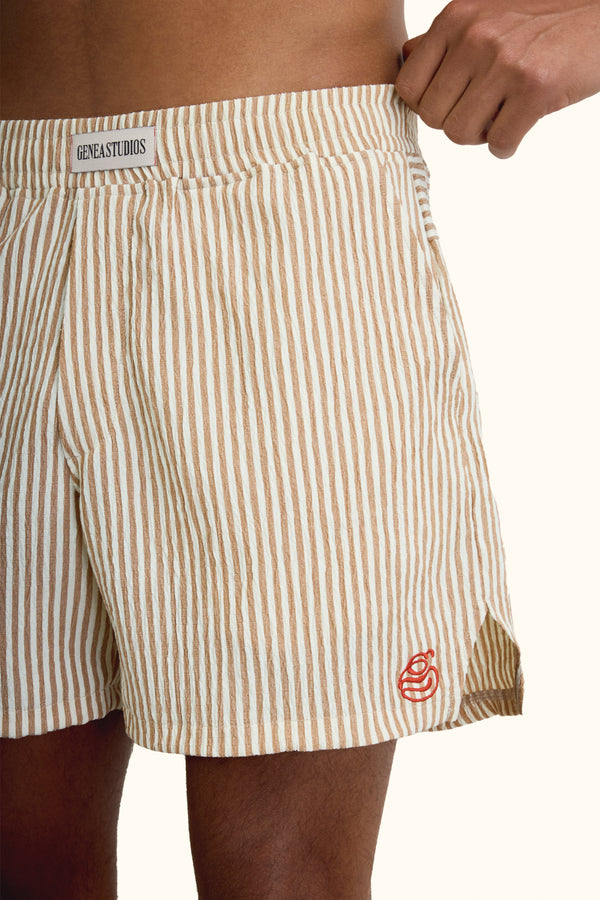 Beige Crinkle Striped Short