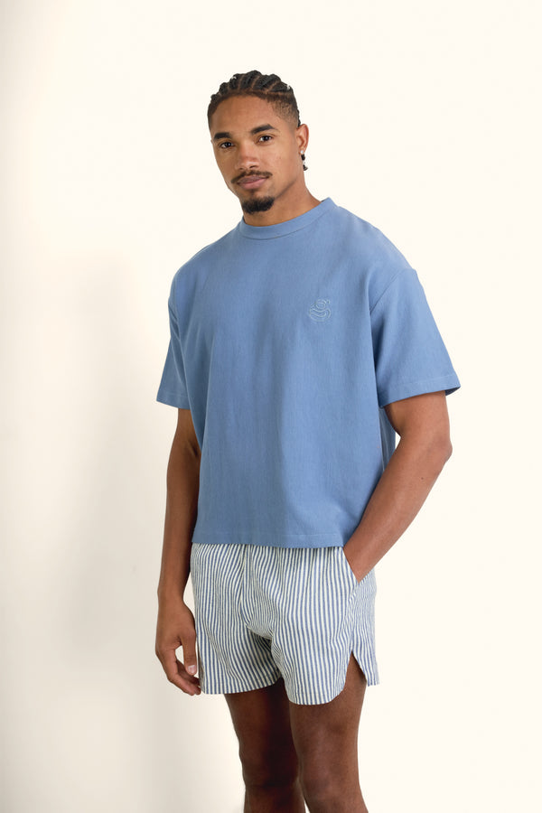 Blue Boxy Ribbed Basic T-Shirt