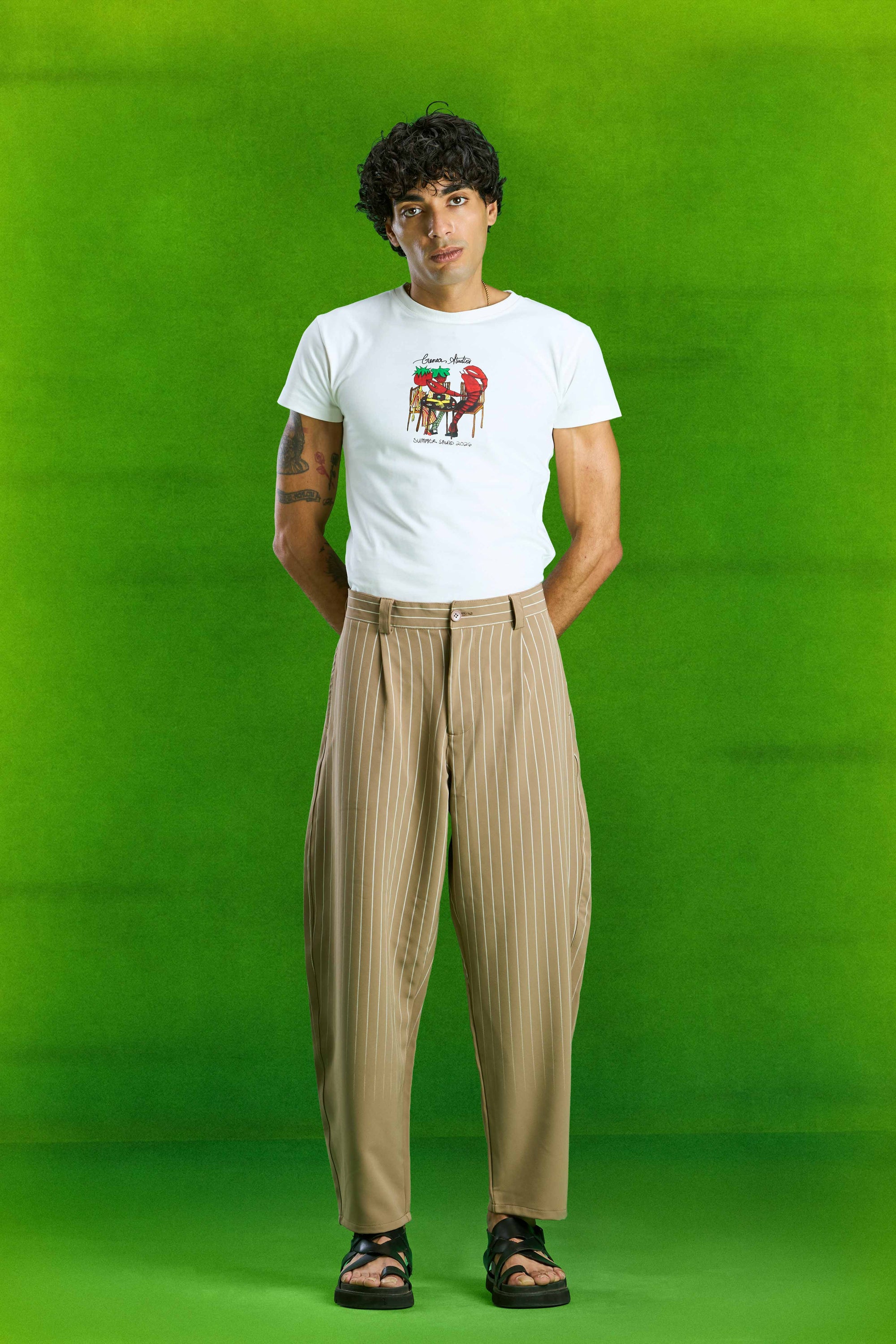 Beige Faded Stripe Balloon Fit Pants