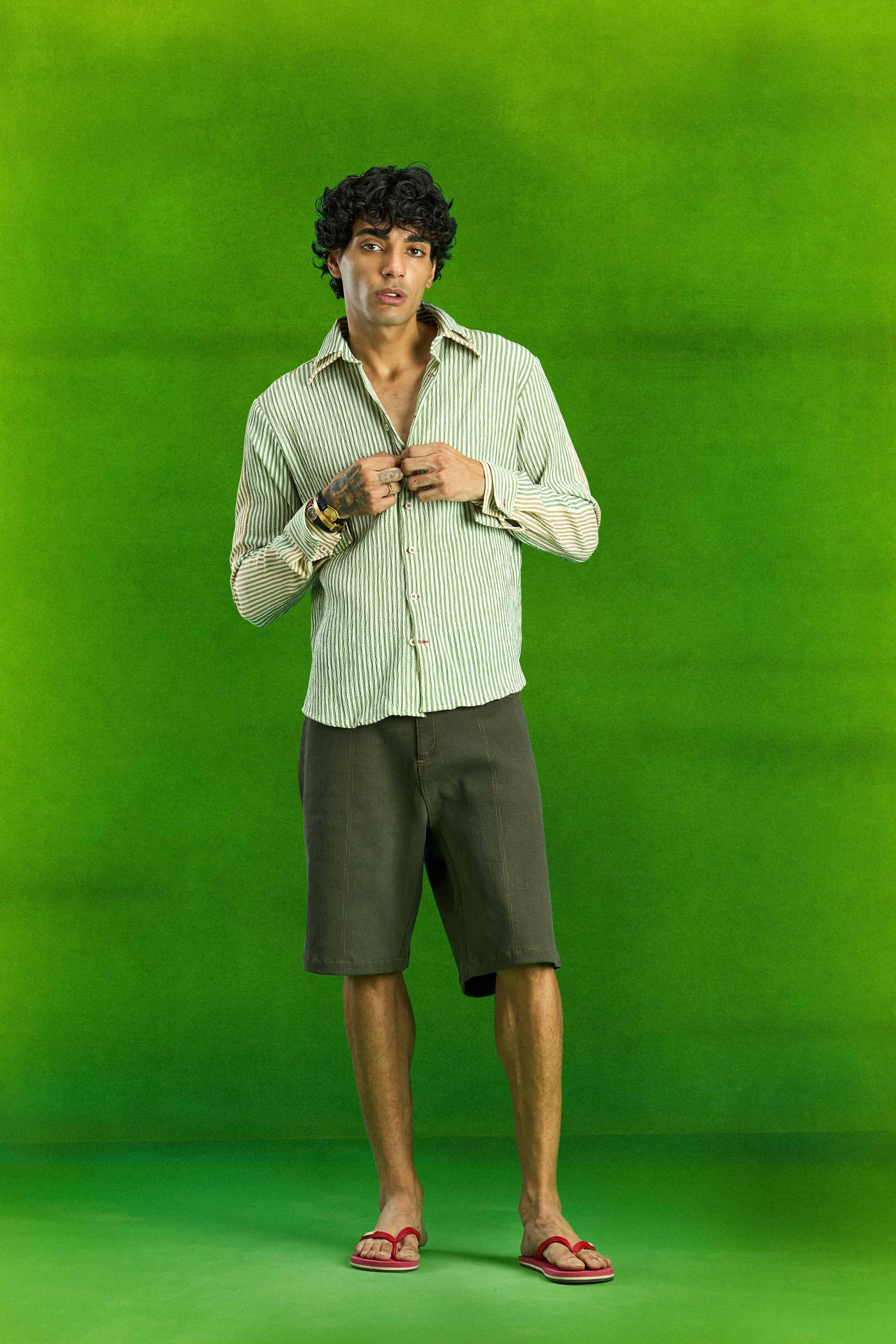 Dark Green Double Collar Striped Shirt