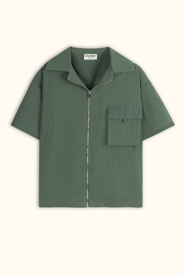 Olive Green Short-Sleeve Zip Overshirt