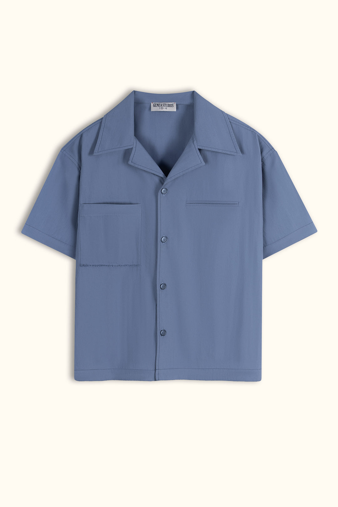 Slate Blue Short-Sleeve Contrast-Stitch Boxy Shirt