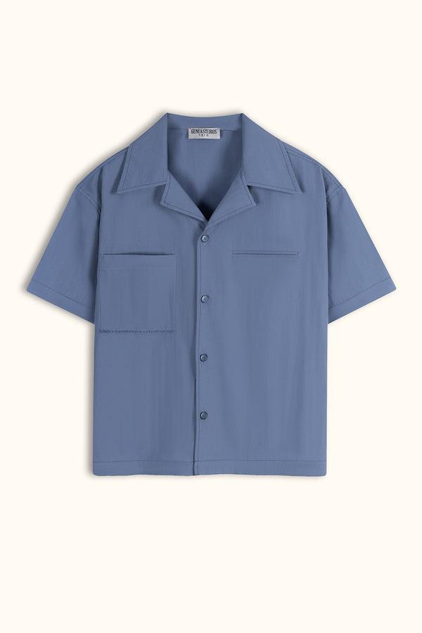 Slate Blue Short-Sleeve Contrast-Stitch Boxy Shirt