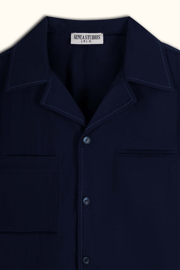 Navy Blue Short-Sleeve Contrast-Stitch Boxy Shirt