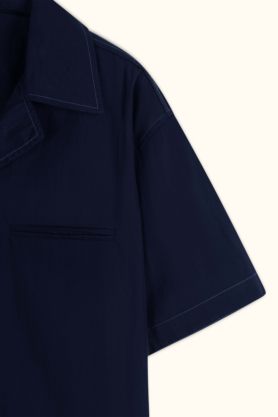 Navy Blue Short-Sleeve Contrast-Stitch Boxy Shirt