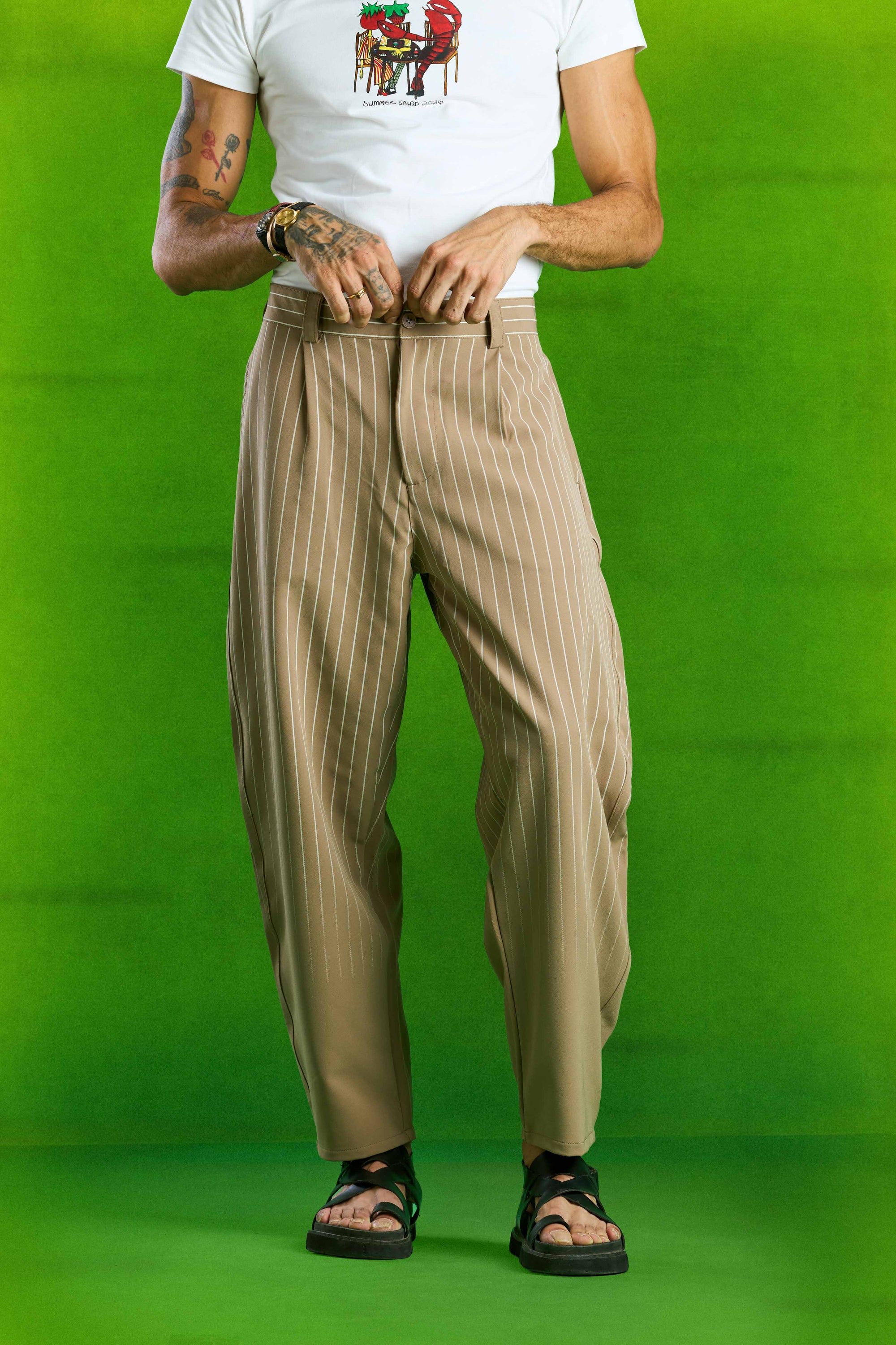 Beige Faded Stripe Balloon Fit Pants