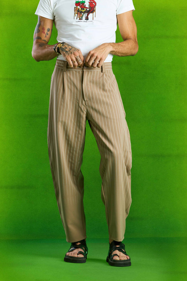 Beige Faded Stripe Balloon Fit Pants