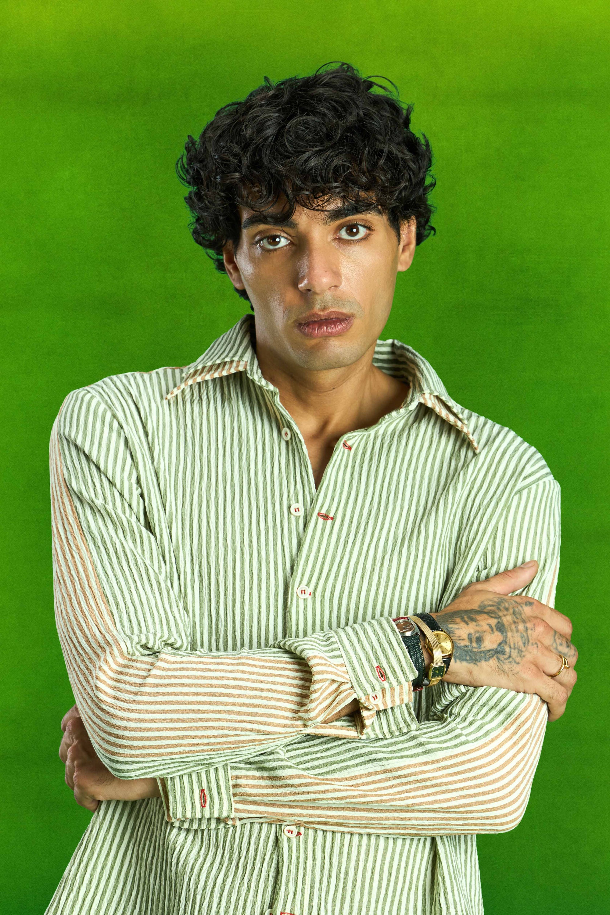 Dark Green Double Collar Striped Shirt