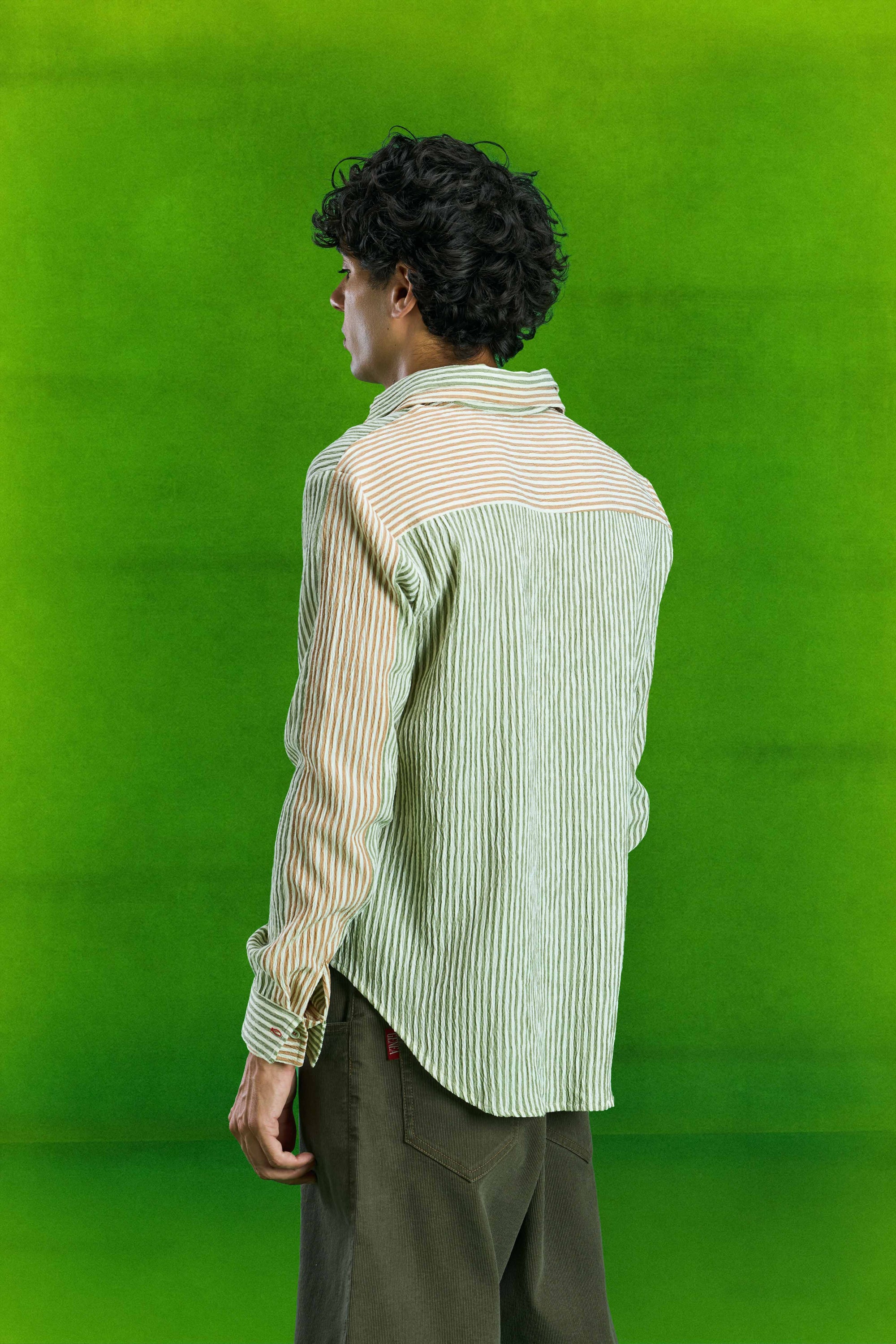 Dark Green Double Collar Striped Shirt