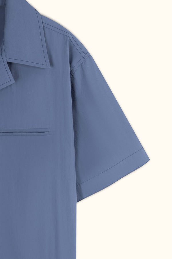 Slate Blue Short-Sleeve Contrast-Stitch Boxy Shirt